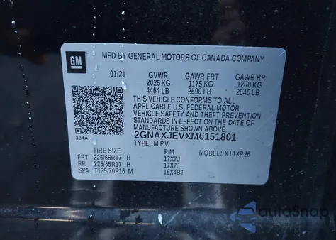 2021 Chevrolet Equinox Fwd 2Fl из США, поврежденный, VIN 2GNAXJEVXM6151801